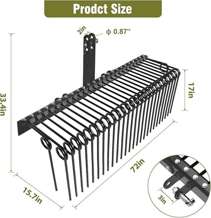 GAOMON 72 Inch Pine Straw Rake, 30 Coil Spring Tines Durable Powder Coated Steel Tow Behind Landscape Rake with 3 Point Hitch Receiver Attachment Fit to Cat0 Cat 1 Tractors for Leaves Grass, Black