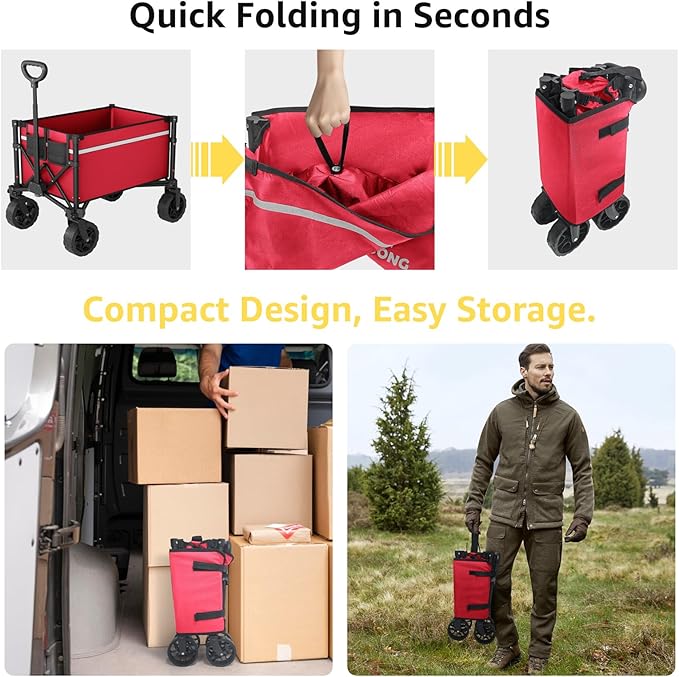 Collapsible Wagon Cart with Wheels Foldable - Folding Utility Heavy Duty Wagons Carts for Grocery Sports Garden Shopping Camping Wheelbarrows (Burgundy, 90L)