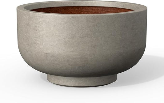 Kante 13.8 Inch Dia Concrete Bowl Planter, Large Tapered Bottom Plant Pot with Drainage, Smooth Weathered Concrete Finish with Warm Brown Interior, Ideal for Porch, Home, Garden, Patio