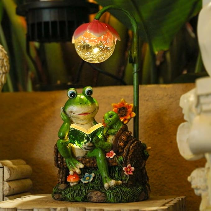 A-First Solar Garden Outdoor Statues Frog Turtle Reading Sculptures Figurine with Solar Lights for Patio Balcony Yard Ornament Outdoor Decor Gift