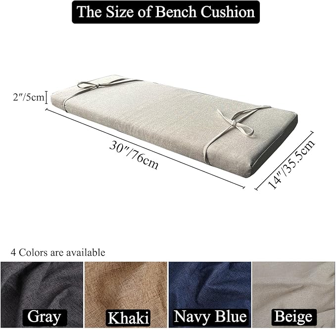 30 x 14 Inch Piano Bench cushons for Indoor Furniture with Ties Non Slip Kitchen Dining Room Bench seat Cushion for Show Storage, Window, Settee, Ottoman，Beige