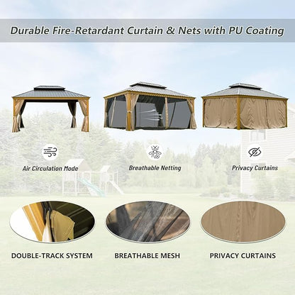 12’ x 16’ Hardtop Gazebo Outdoor Aluminum Wood Grain Gazebos with Galvanized Steel Double Canopy for Patios Deck Backyard,Curtains&Netting by domi outdoor living