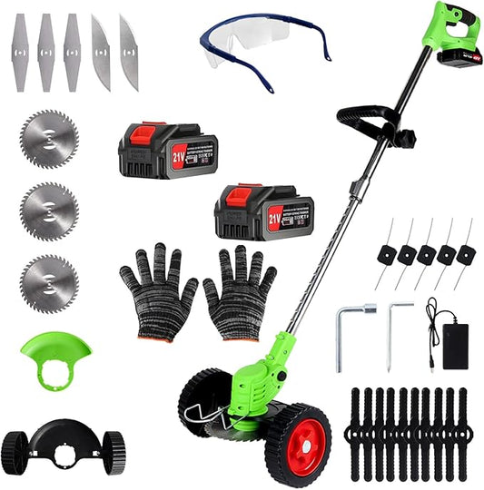 Cordless Weed Wacker Battery Powered Electric 21V 4.0Ah*2pcs 5 Types Blade&Wheels Grass Trimmer/Lawn Edger/Mower/Brush Cutter, Weeder Tool for Lawn Garden Pruning/Trimming (Unfoldable)