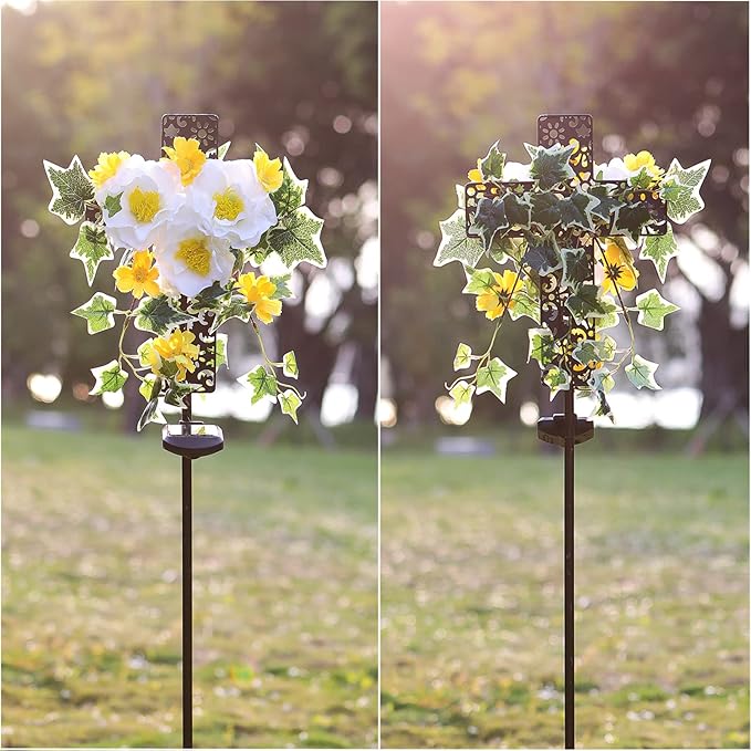 Starryfill Solar Cross Lights with Three Flowers, Solar Metal Stake with Led Warm White Lights Decorative for Outdoor Remembrance Sympathy Grave Gifts
