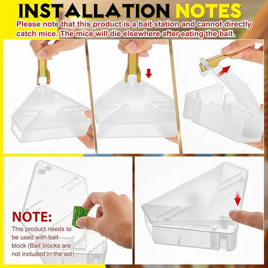 Qualirey 24 Pcs Mice Station with Key Triangle Bait Station Reusable Rodent Trap Bait Box, Keeps Children and Pets Safe Indoor & Outdoor, Bait Not Included, Suitable for Small Mice (Translucent)