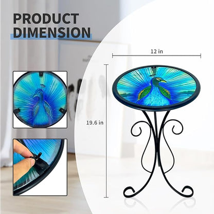 HONGLAND Outdoor Side Table, 12" Round Small Outdoor Glass End Table, Glass Plant Stand, Small Bistro Coffee Table for Garden Patio Porch Living Room （Peacock）