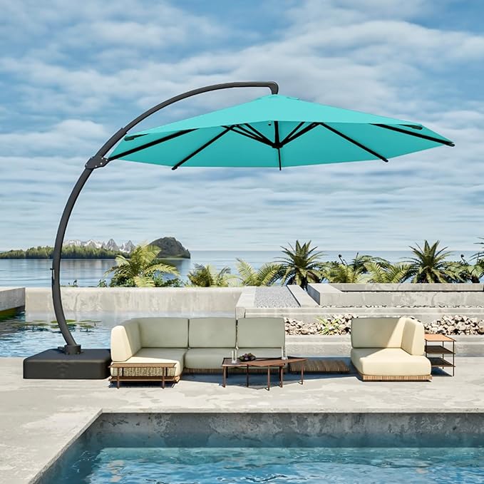 11FT Cantilever Umbrella with Base Large Curvy Outdoor Aluminum Offset Umbrella w/ 360° Rotation, UV Resistant Canopy for Patio, Garden, Backyard, Turquoise Blue