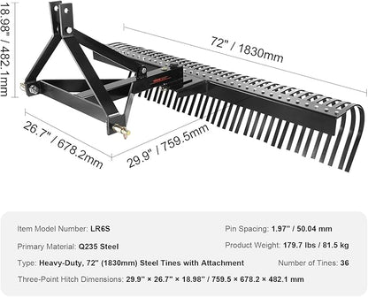 VEVOR Tow Behind Dethatcher, 72-inch Tow Dethatcher with 36 Steel Tines, 3-Point Lawn Dethatcher Rake with Attachments for Tractor, Landscape Rake for Garden, Farm, Grass