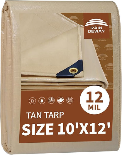 RAINDEWAY 10x12 Feet Heavy Duty Tarp,12 Mil Tan Waterproof Poly Tarp Cover,UV Resistant,Weatherproof,Durable,Multipurpose Tarps with Grommets and Reinforced Edges