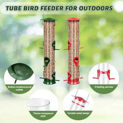 2 Packs Bird Feeder Tube Hanging Feeders, 6 Port Wild Bird Feeders Premium Hard Plastic with Steel Hanger Weatherproof and Water Resistant Great for Attracting Birds 18.2 Inches Large (Red + Green)