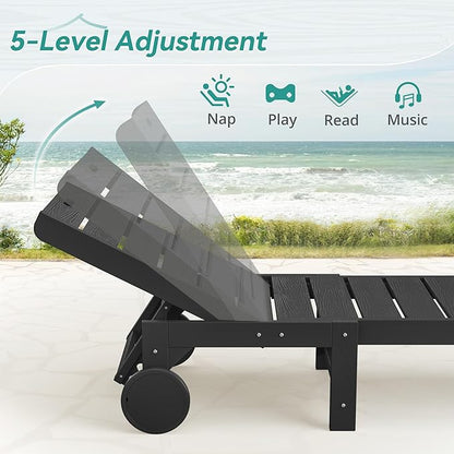 Outdoor Chaise Lounge Chairs with Table, 2-Piece, 26.8” Super Wide Lounge Chair Outdoor, HDPS Pool Chairs with 5 Positions, Patio Lounge Chair with Wheels for Pool,Lawn,Backyard, Black