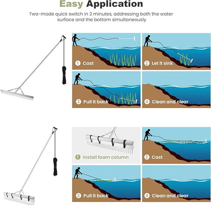 Landscape Rake, 36" Aluminum Heavy Duty Lake Weed Rake, Multifunctional Detachable Aquatic with 134'' Extension Handle & 20Ft Rope, for Weed Algae Removal Loosening Soil Lawn Garden Care