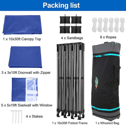 COBIZI 10x30 Pop up Canopy Tent 10x30 Canopy with Sidewall Waterproof Heavy Duty Commercial for Parties Outdoor Garden Gazebo Tent, Carry Bag with Wheel(10x30ft with Sidewalls,Dark Blue)