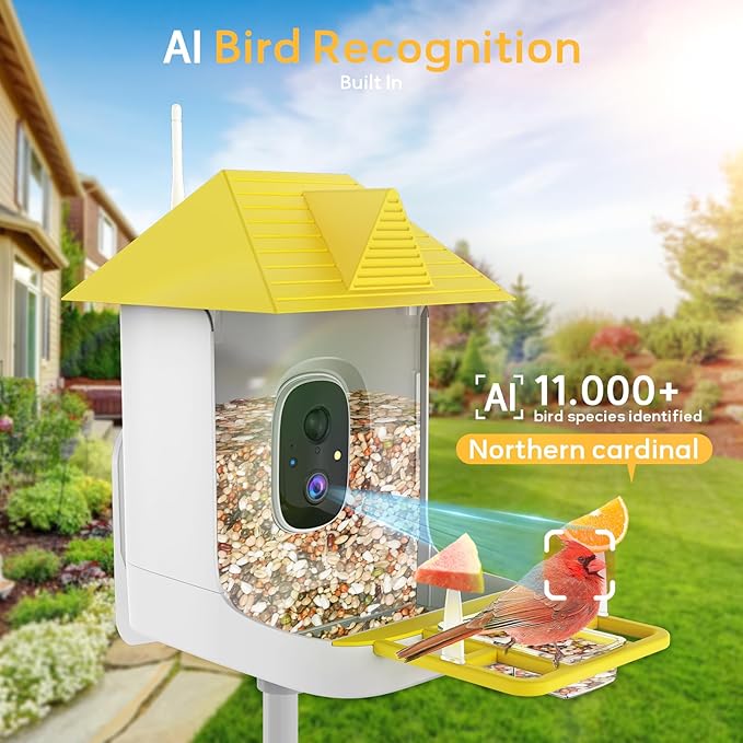 Bird Feeder with Camera,Bird House with Cam for Outside Solar Powered,Weatherproof for Garden,Yard & Lawn,2.4G WiFi Enabled,AI Birds ID,Auto-Records 1080p Videos to Cloud,Thoughtful Gift for Seniors