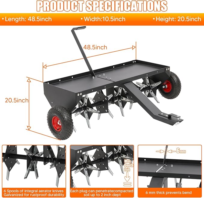 48" Tow Behind Plug Aerator with Transport Wheels, Plug Aerator Tow Behind with 30 Galvanised Steel Tines, Tow Behind Aerator for Gardens, Lawns, Farms
