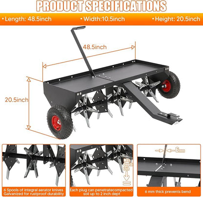 48" Tow Behind Plug Aerator with Transport Wheels, Plug Aerator Tow Behind with 30 Galvanised Steel Tines, Tow Behind Aerator for Gardens, Lawns, Farms