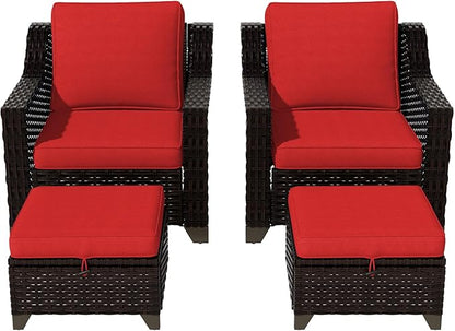 Vista Vibe 4 Pieces Outdoor Patio Conversation Furniture Set - 2 Luxurious Armchairs | 2 Wicker Ottomans, Removable Cushions, Hand-Woven PE Rattan, Office, Porch (Brown/Red)