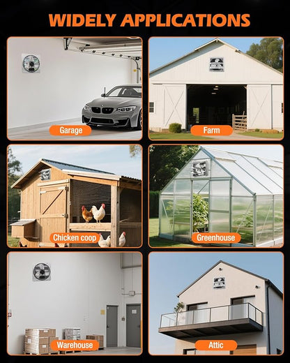 JVO 14" Shutter Exhaust Fan - 1520 CFM, Wall-Mounted for Greenhouses, Attics, Garages & Chicken Coops. Ideal Attic Fan, Greenhouse Vent & Coop Exhaust for Powerful Ventilation & Cooling