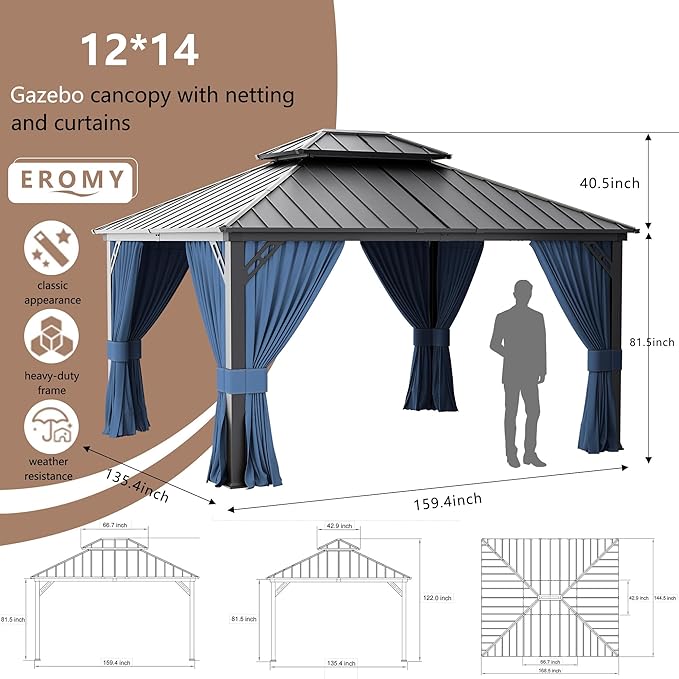 12’x14’ Hardtop Gazebo Outdoor Aluminum Frame Permanent Gazebo Galvanized Steel Double Roof Pergola with Nettings and Curtains for Patio, Lawns,Backyard, Deck(Navy)