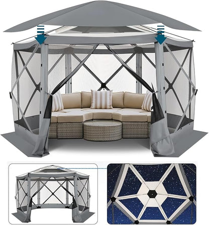 COBlZl Pop Up Gazebo 12x12 Screen House Tent for Camping, Outdoor Instant Stargazing Gazebo Canopy with Awning 2.0, Portable Hub Tent with Mosquito Netting, Pavilion for Backyard,Gray