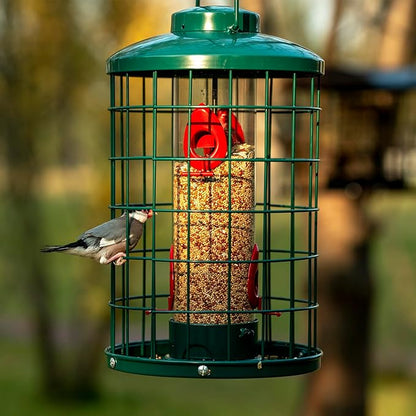 Caged Bird Feeder for Wild Birds Outside, Large Squirrel-Proof Heavy-Duty Metal Hanging Tube Bird Feeder, 4 Feeding Ports, 13.2'' High, 3LB Seed Capacity (Green)