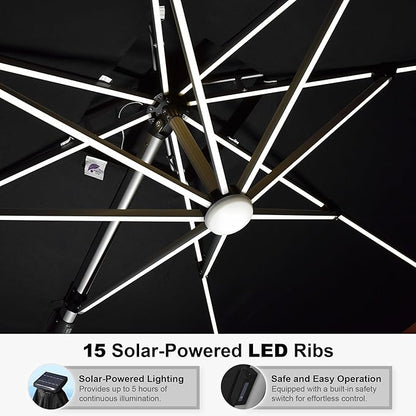 PURPLE LEAF 9' X 12' Double Top Deluxe Solar Powered LED Rectangle Patio Umbrella Offset Hanging Umbrella Outdoor Market Umbrella Garden Umbrella, Black
