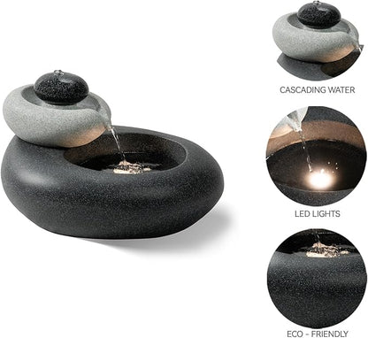 13.39" H Outdoor Water Fountain Made with Eco-Friendly Recyclable Materials, Polyethylene Rock Waterfall Outdoor Fountain, Garden Decor with LED Light & Pump for Patio, Backyard (13.39")