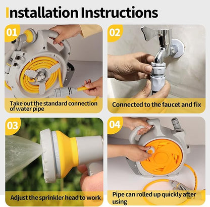 Kitness Mini Retractable Garden Hose Reel, Portable Simple Home 45+5 FT Hose Reel with 7 Adjustable Patterns Spray Nozzle&Standard Connector, Watering Hose Reel for Gardens Yards and lawns (Orange)