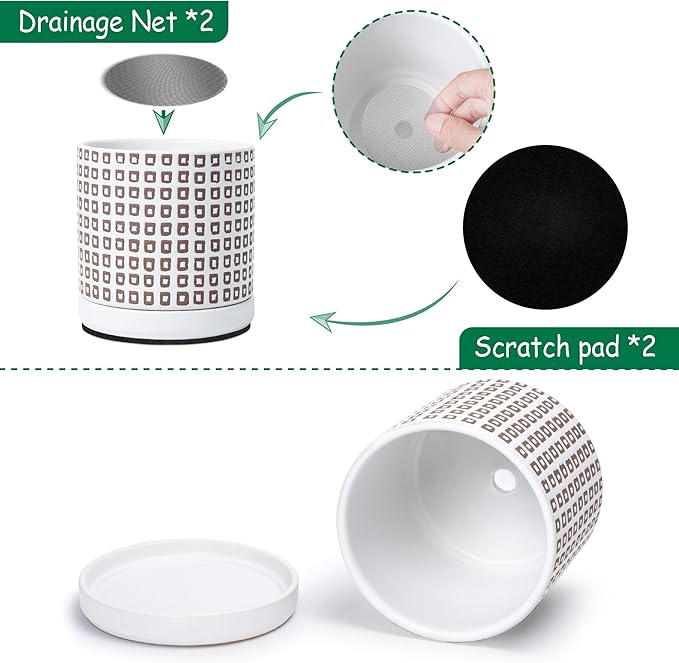 D'vine Dev Set of 2 Ceramic Planter Pots with Drainage Hole and Saucer, 6 Inch Plant Pots for Plants Indoor Houseplants, White, 99-Z-A-1-Y