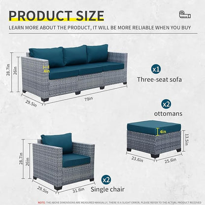 Patio Furniture Set, 5-Piece Outdoor Wicker Conversation Set with All-Weather PE Rattan, Anti-Slip Cushions & Ottomans, Sectional Sofa for Patio, Balcony & Deck, Peacock Blue