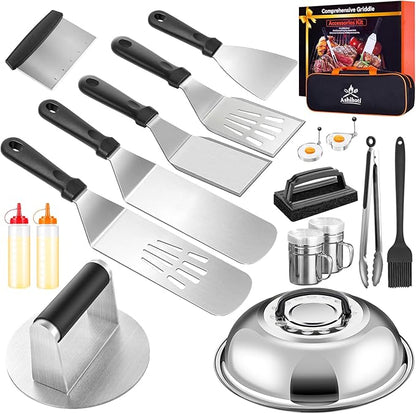 Griddle Accessories for Blackstone with Smashed Burger Press,19Pcs Griddle Accessories kit for Hibachi, Enlarged Grill Spatula, Salt and Pepper Shakers, Grill Black Tools Set