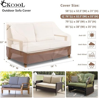 Okcool Heavy Duty Patio Sofa Cover, 100% Waterproof 3-Seater Outdoor Sofa Cover Fits up to 76W x 32.5D x 33H Inches, Lawn Patio Furniture Covers,Beige & Brown