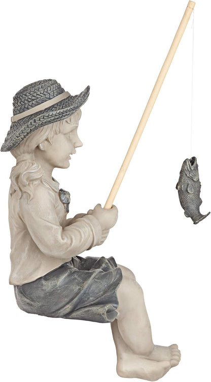 Design Toscano Big Catch Fisherwoman Nellie Girl with Fishing Pole Garden Statue, Medium 17 Inch Tall, Cast Stone Resin, Two Tone Stone Finish