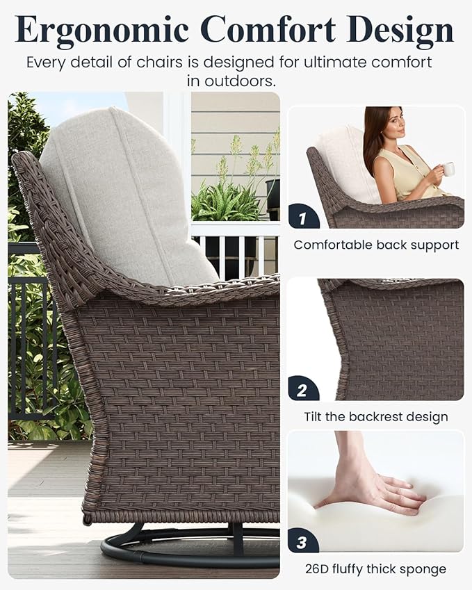 LayinSun 7 Piece Wicker Outdoor Furniture Set with 6-inch Comfy Cushions, High Back Patio Furniture Set with Swivel Rocking Chairs and Fire Pit Table