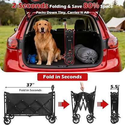Collapsible Wagons Carts Foldable Wagon, 500LBS Wagon Cart Foldable Heavy Duty with Brakes & All-Terrain Wheels, Large Collapsible Folding Wagons for Beach Camp Sports Grocery, Portable (Black)
