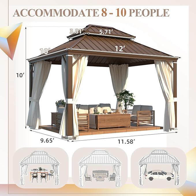 YOLENY 12' x 12' Gazebo, Galvanized Steel Double Roof Hardtop Gazebo with Aluminum Frame, Permanent Outdoor Metal Pavilion with Curtain and Netting for Patio, Lawn and Garden