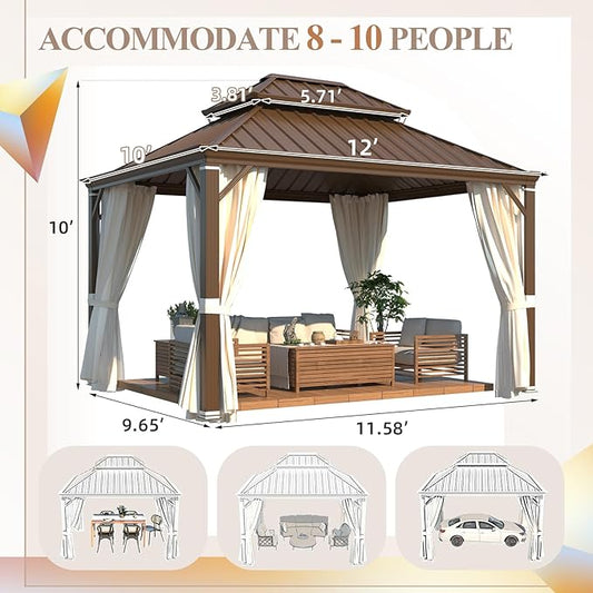 YOLENY 10' x 12' Gazebo, Galvanized Steel Double Roof Hardtop Gazebo with Aluminum Frame, Permanent Outdoor Metal Pavilion with Curtain and Netting for Patio, Lawn and Garden