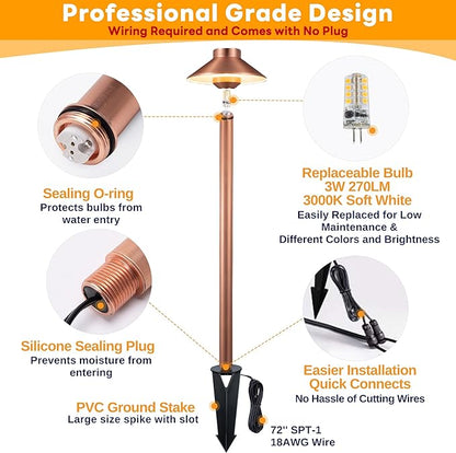 Gardenreet Outdoor Brass Pathway Lights, Low Voltage Landscape Path Light Wired, 12v Walkway Lamp LED Waterproof, Hat-top Copper for Outside Garden Yard Driveway with 3W 270LM 3000K G4 Bulb (4 Pack)