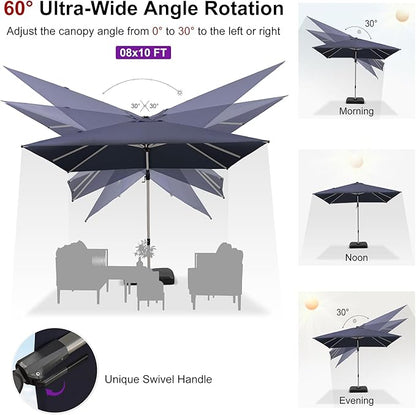 PURPLE LEAF 8' X 10' Left-right Tilting Patio Umbrella with Base Outdoor Swivel Cantilever Offset Aluminum Umbrella with Champagne Frame and 360-degree Rotation for Garden Deck Pool, Navy Blue