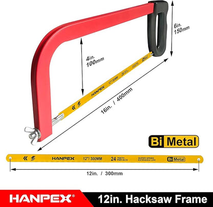 12in. High-Tension Hacksaw Frame with 24 TPI Bi-metal Blade, Hand Saw Suitable for Metal, wood, PVC, Carpentry（Black Handle）