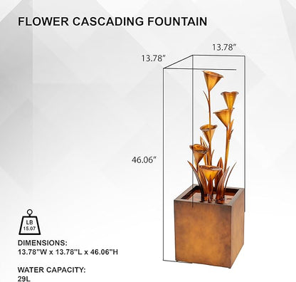 XBrand Metal Sculptural Multi-Tiered Flower Water Fountain, No LED Lights, Bronze, 46" Tall
