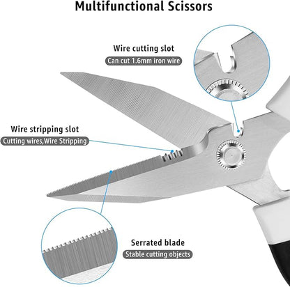 8-Inch Heavy Duty Utility Scissors All Purpose, Serrated Blade, White Comfort Grip for Cutting Carpet, Cardboard, Leather, Fabric, Multipurpose Sharp Shears for Kitchen, Garden, Office, Carft