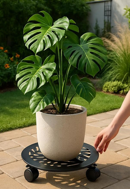 2 Packs Large Metal Plant Caddy with PU Wheels 13.6" Heavy-duty Wrought Iron Rolling Plant Stands Indoor Outdoor Wheeled Plant Dolly Planter Mover Rollers Plant, Leaf Style