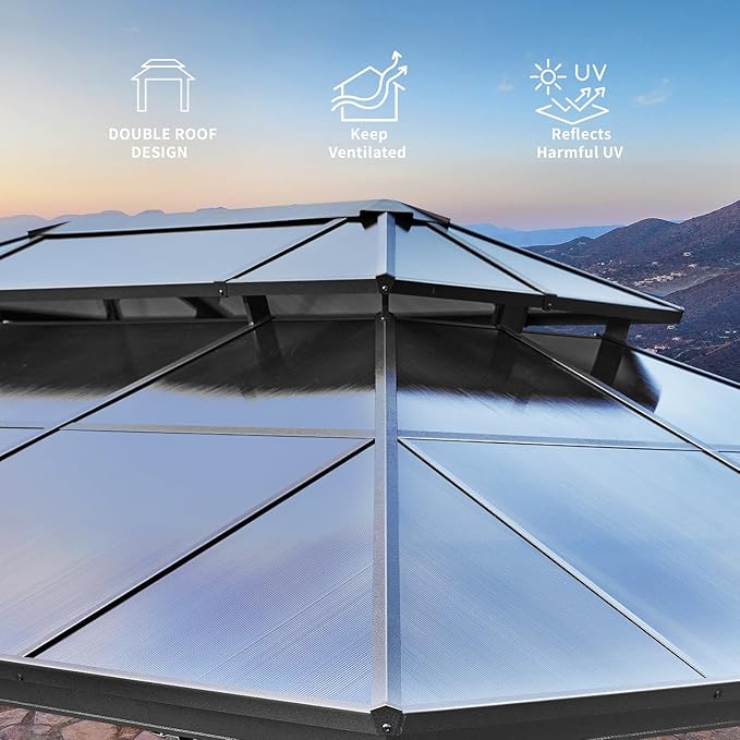 YOLENY 12'x16' Hardtop Gazebo, Outdoor Polycarbonate Double Roof Canopy, Aluminum Frame Permanent Pavilion with Curtains and Netting, Sunshade for Garden, Patio, Lawns