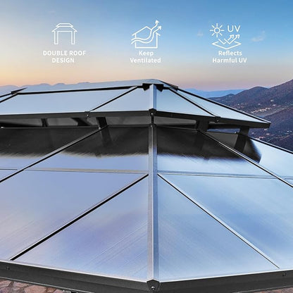YOLENY 12'x16' Hardtop Gazebo, Outdoor Polycarbonate Double Roof Canopy, Aluminum Frame Permanent Pavilion with Curtains and Netting, Sunshade for Garden, Patio, Lawns