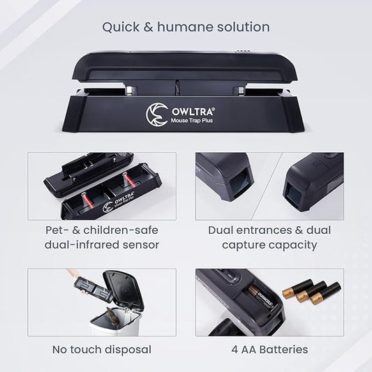 OWLTRA EMZ Plus Indoor Electric Mouse Trap, Instant Kill Rodent Zapper with Dual Entrances and Pet Safe Trigger, Black