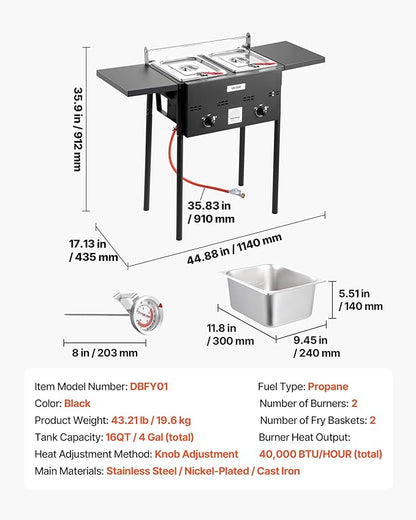 VEVOR Outdoor Propane Deep Fryer, Dual-Tank 8QTx2 Commercial Fryer, Stainless Steel Cooker with Foldable Platform, Dual Basket, and Heat Adjustment, Floor Standing Fryers for Restaurant Home Snack Bar