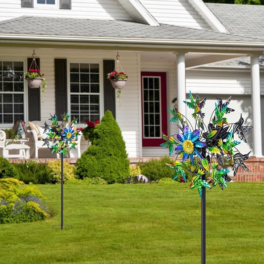 Hummingbird Wind Spinner, Metal Outdoor Wind Sculptures & Spinners, 68.5 Inch Double Windmill Spinner for Yard Lawn Garden Decor