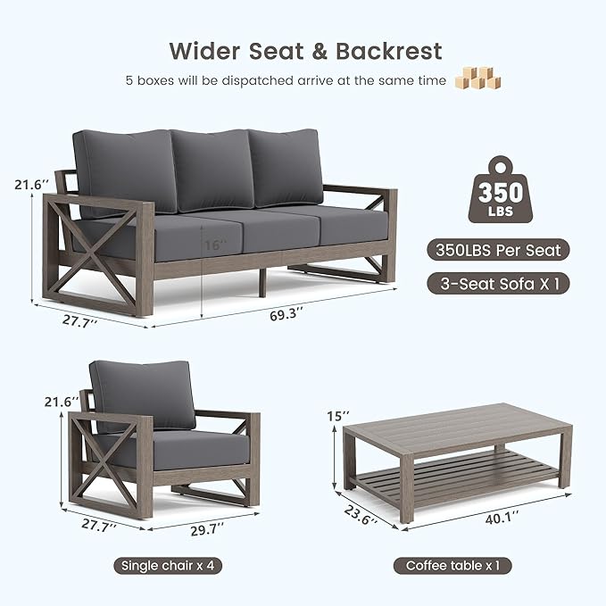 UDPATIO 4 Piece Faux Wood Aluminum Patio Furniture Set Modern Outdoor Furniture Sets with Coffee Table for Deck Porch Patio, 600D Waterproof Cover Included, Dark Grey