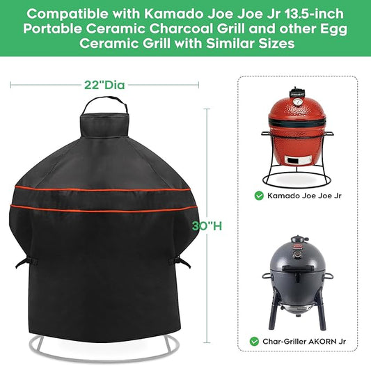 Heavy-Duty 600D BBQ Grill Cover fit for Kamado Joe Joe Jr 13.5-inch Portable Ceramic Charcoal Grill and Other Egg Ceramic Grill with Similar Sizes, 22" Dia x 30" H